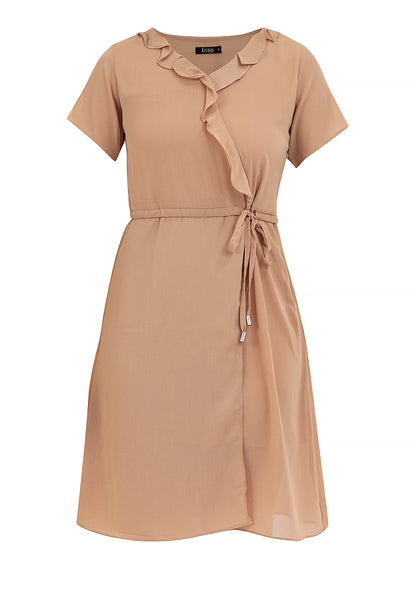 Krizia Ruffled Neckline Cascading Down the Front Drawstring Dress
