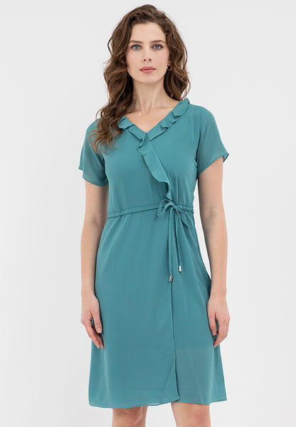 Krizia Ruffled Neckline Cascading Down the Front Drawstring Dress