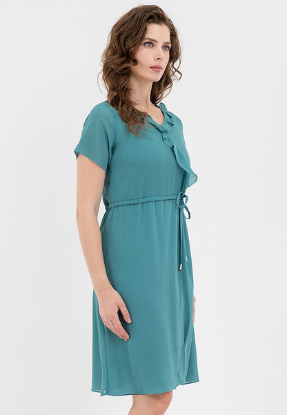 Krizia Ruffled Neckline Cascading Down the Front Drawstring Dress