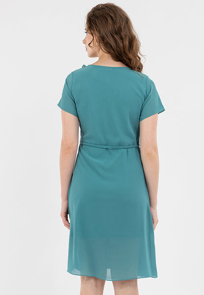 Krizia Ruffled Neckline Cascading Down the Front Drawstring Dress