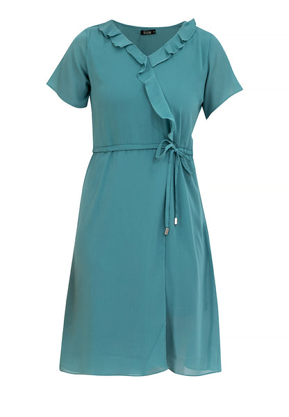 Krizia Ruffled Neckline Cascading Down the Front Drawstring Dress