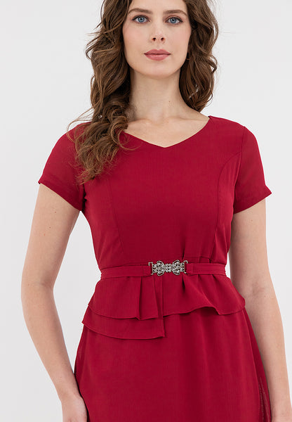 Krizia V-Neck Pleated Detail Waist with Silver-buckled Belt Dress