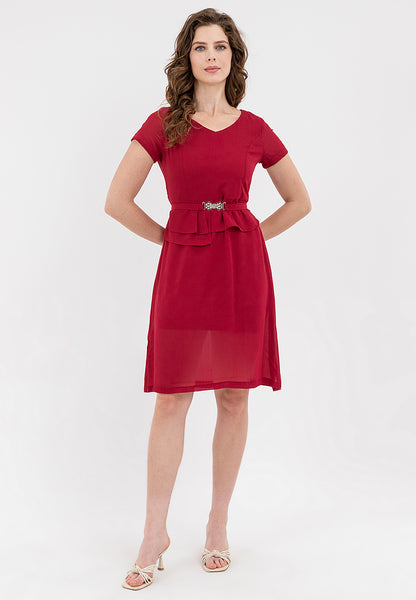 Krizia V-Neck Pleated Detail Waist with Silver-buckled Belt Dress