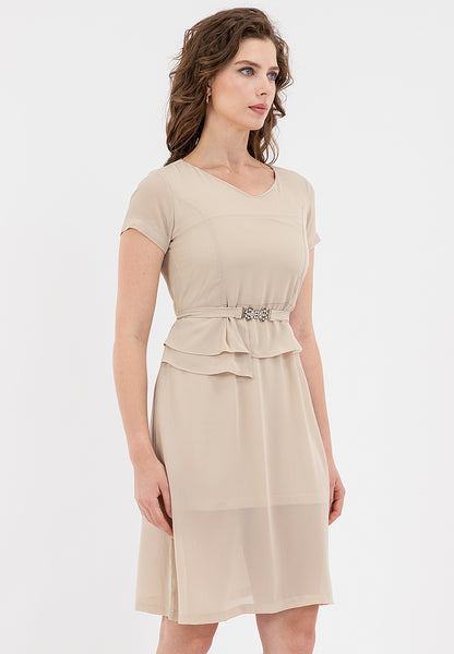Krizia V-Neck Pleated Detail Waist with Silver-buckled Belt Dress