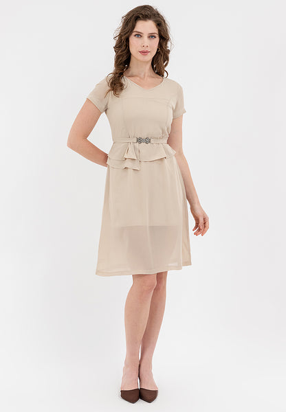Krizia V-Neck Pleated Detail Waist with Silver-buckled Belt Dress
