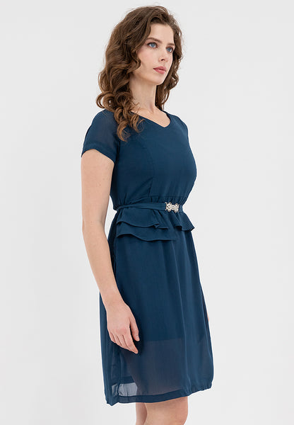 Krizia V-Neck Pleated Detail Waist with Silver-buckled Belt Dress