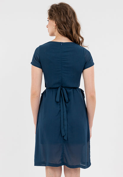 Krizia V-Neck Pleated Detail Waist with Silver-buckled Belt Dress