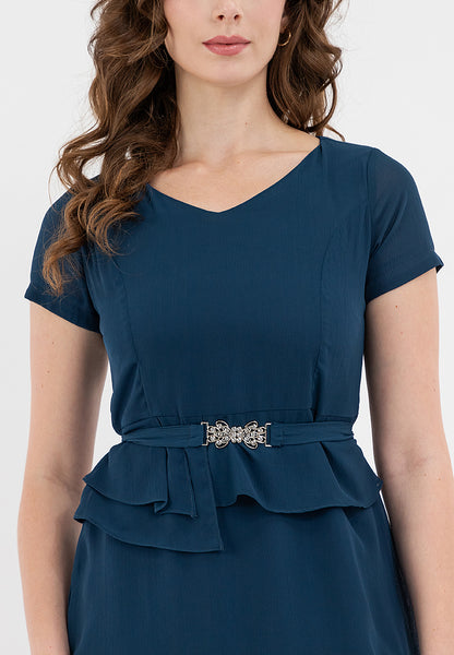 Krizia V-Neck Pleated Detail Waist with Silver-buckled Belt Dress
