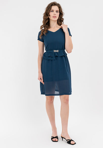 Krizia V-Neck Pleated Detail Waist with Silver-buckled Belt Dress