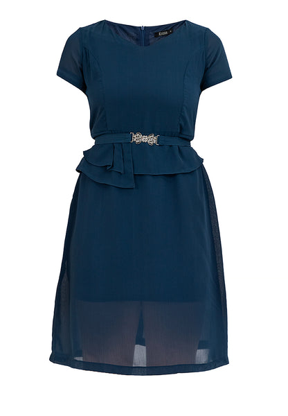 Krizia V-Neck Pleated Detail Waist with Silver-buckled Belt Dress