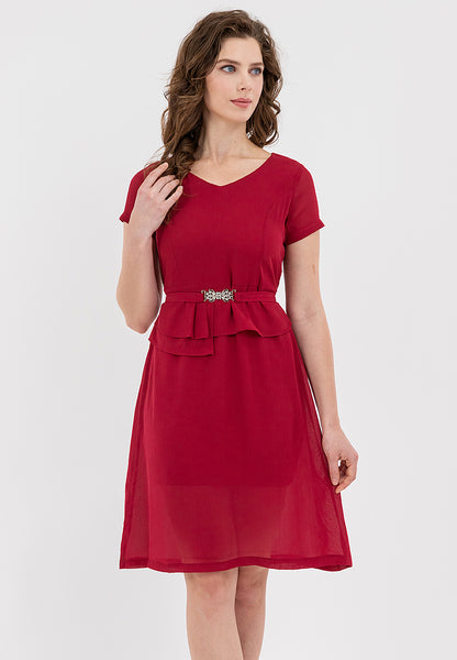 Krizia V-Neck Pleated Detail Waist with Silver-buckled Belt Dress