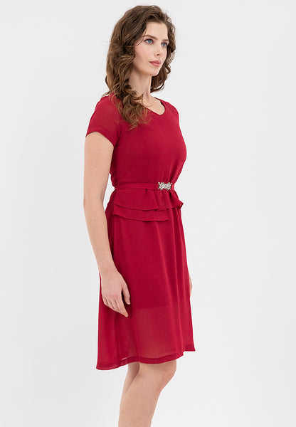 Krizia V-Neck Pleated Detail Waist with Silver-buckled Belt Dress