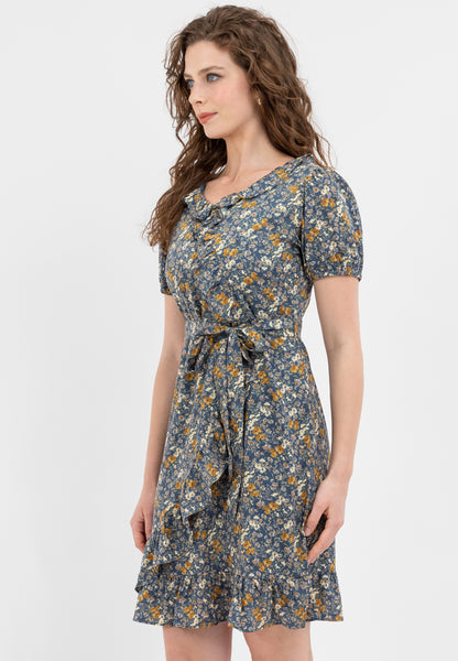Krizia Puff Sleeves Overlap Flounce Hem Dress