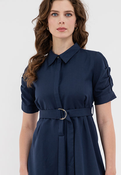 Krizia Button Down Belted Shirt Dress with Roll Tab Sleeve