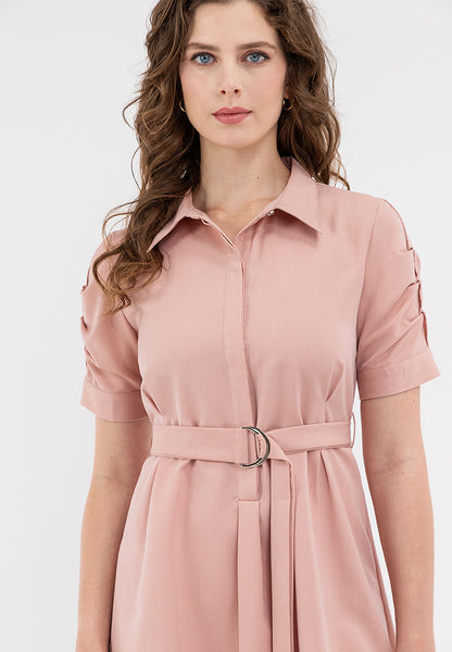 Krizia Button Down Belted Shirt Dress with Roll Tab Sleeve