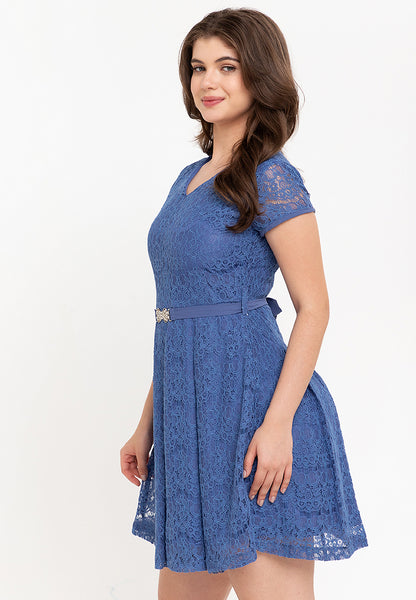 Krizia V-Neck Lace Dress with Crystal Belt