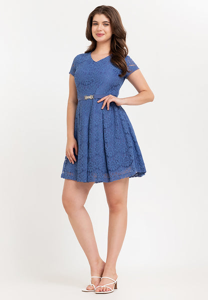 Krizia V-Neck Lace Dress with Crystal Belt