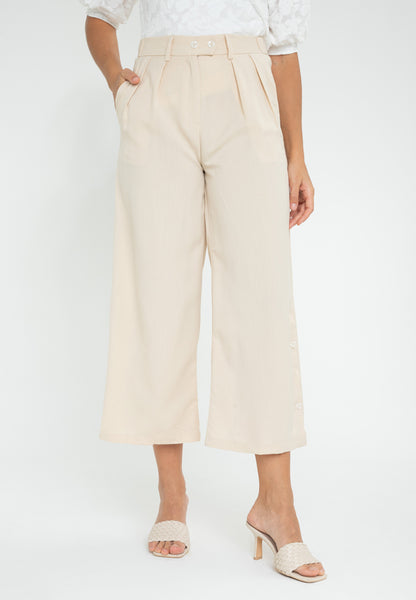 Krizia Cotton Blend High Waist Back Garter Wide Leg Pants with Bottom Button Openings