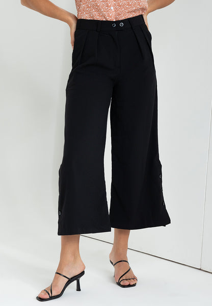 Krizia Cotton Blend High Waist Back Garter Wide Leg Pants with Bottom Button Openings