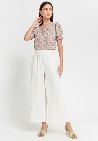 Krizia Cotton Blend High Waist Button Front Wide Leg Pants with Garter