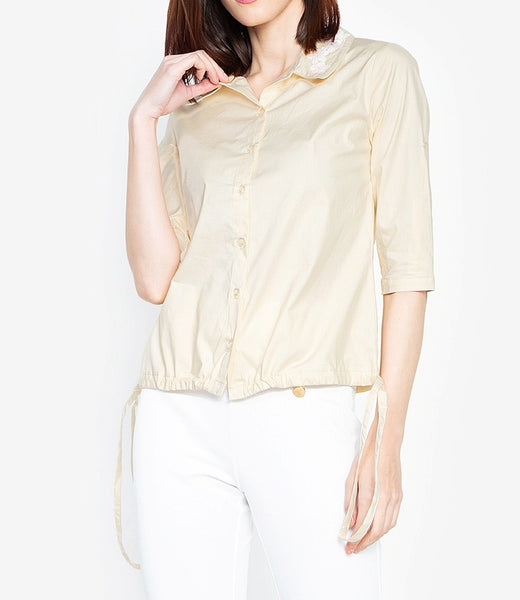 Krizia Buttoned Down Drawstring Hem Shirt with Floral Collar Detail