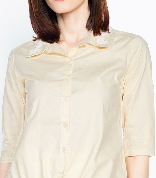 Krizia Buttoned Down Drawstring Hem Shirt with Floral Collar Detail