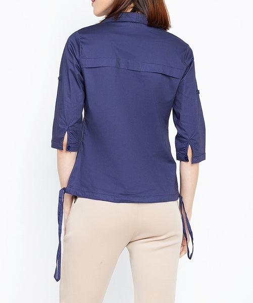 Krizia Buttoned Down Drawstring Hem Shirt with Floral Collar Detail