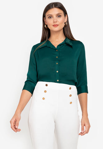 Krizia Button Down Blouse with Floral Embroidery Collar