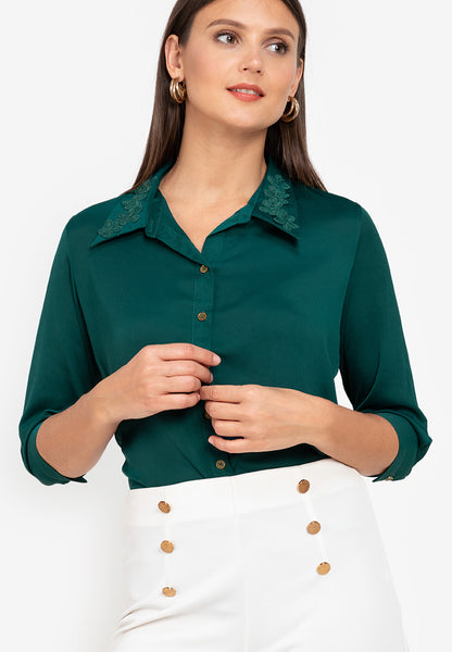 Krizia Button Down Blouse with Floral Embroidery Collar