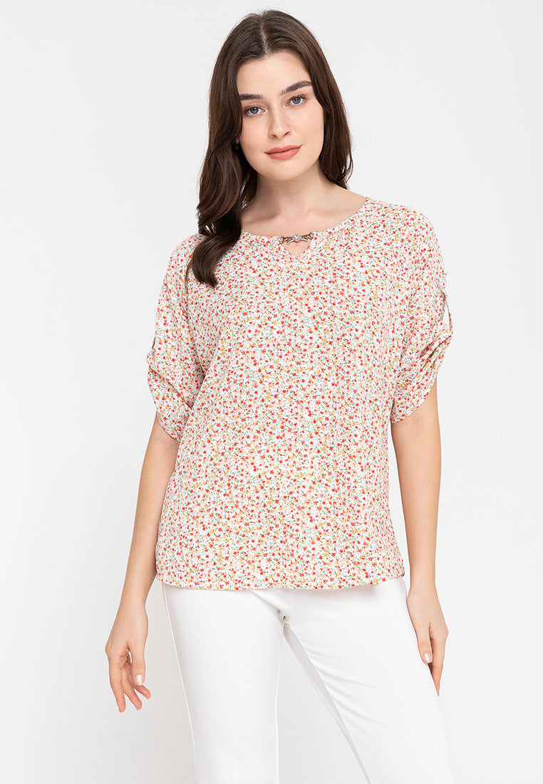 Krizia Roll Tab Sleeves Printed Blouse With Neck Detail