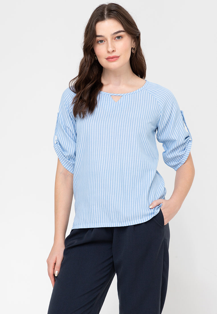 Krizia Stripes with Neck Detail 3/4 Sleeves Blouse