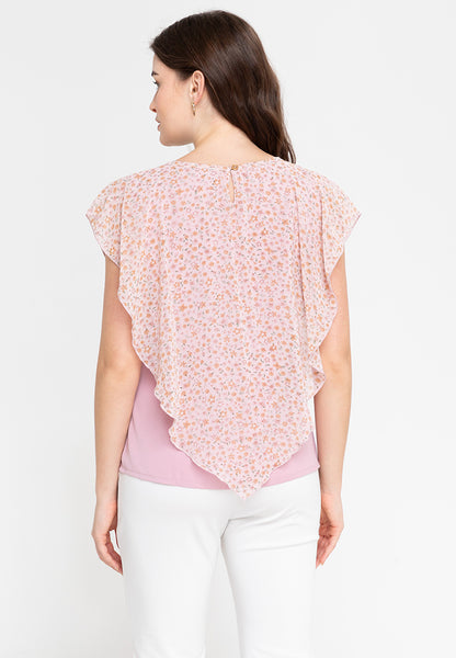 Krizia Flowy Overlay Printed Blouse with Necklace Korean Top