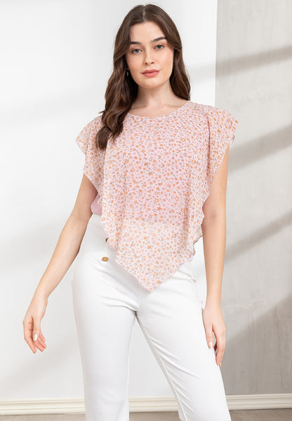 Krizia Flowy Overlay Printed Blouse with Necklace Korean Top