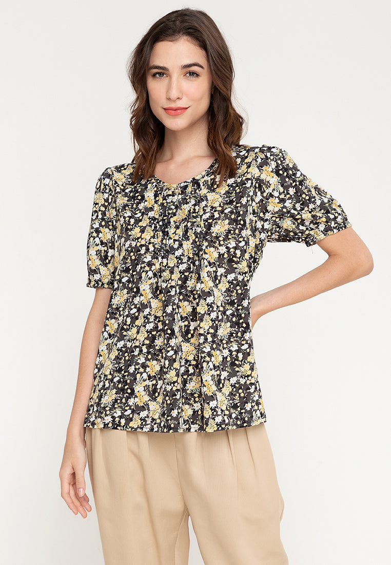 Krizia Printed Front Pleated Puff Sleeves  Blouse Top