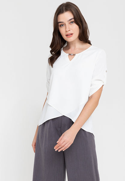 Krizia Roll Tab Sleeves Overlap Hem Blouse With Neck Detail