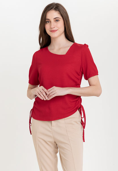 Krizia Cotton Knit Stretch Asymmetric Nect Blouse with Side Ruching