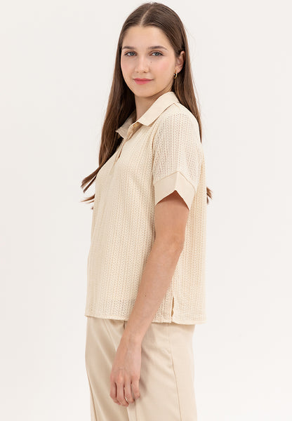 Krizia Buttoned Collared Textured Knitted Blouse