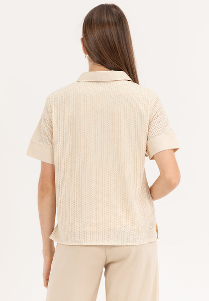 Krizia Buttoned Collared Textured Knitted Blouse