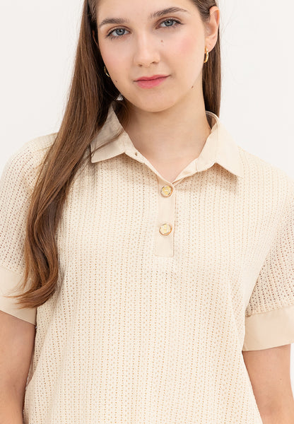 Krizia Buttoned Collared Textured Knitted Blouse