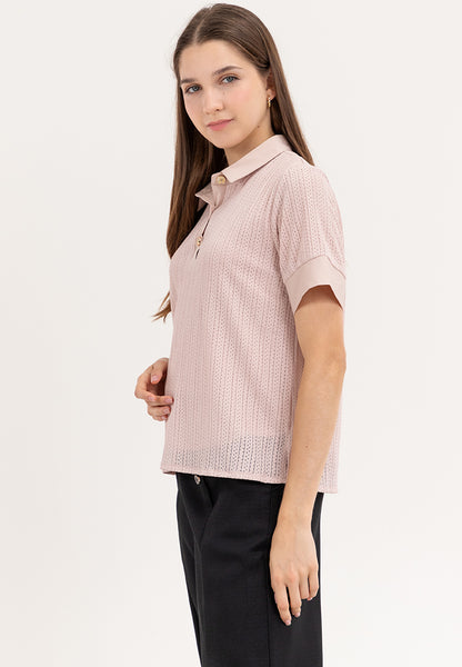 Krizia Buttoned Collared Textured Knitted Blouse