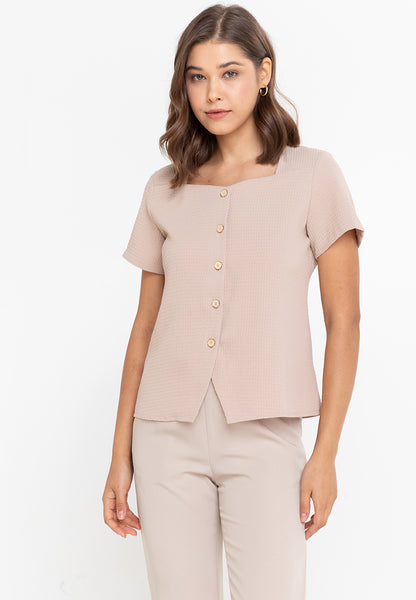 Krizia Button Down Cotton Waffle Square Neck Blouse Top