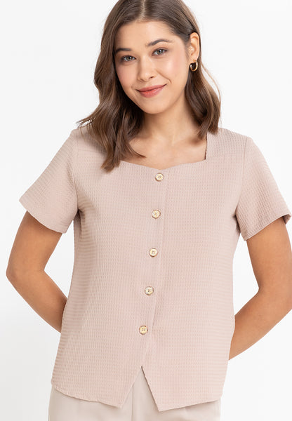 Krizia Button Down Cotton Waffle Square Neck Blouse Top