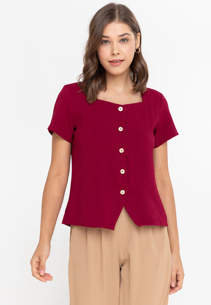 Krizia Button Down Cotton Waffle Square Neck Blouse Top