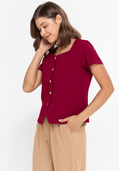 Krizia Button Down Cotton Waffle Square Neck Blouse Top