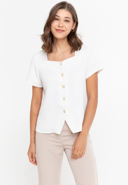 Krizia Button Down Cotton Waffle Square Neck Blouse Top