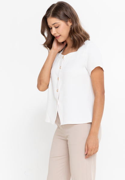 Krizia Button Down Cotton Waffle Square Neck Blouse Top