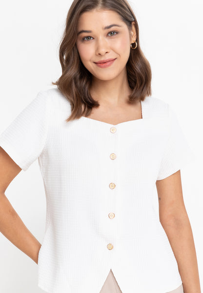 Krizia Button Down Cotton Waffle Square Neck Blouse Top