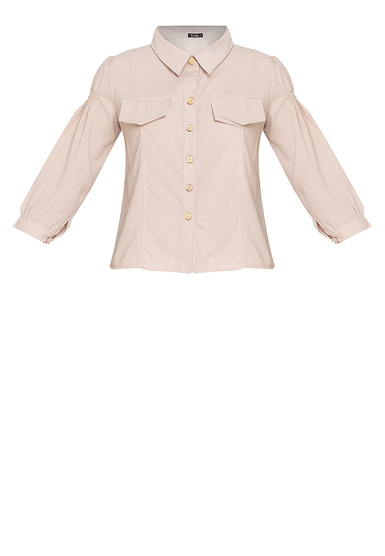 Krizia Button Down Collared 3/4 Sleeve Blouse Top