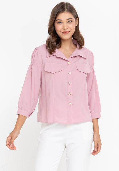 Krizia Button Down Collared 3/4 Sleeve Blouse Top