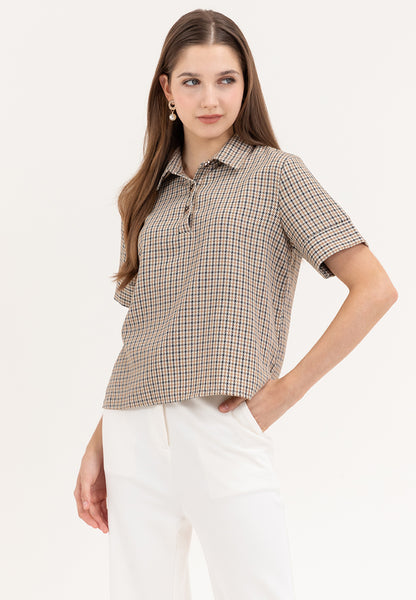 Krizia Houndstooth Checkered Plaid Collared Blouse Top